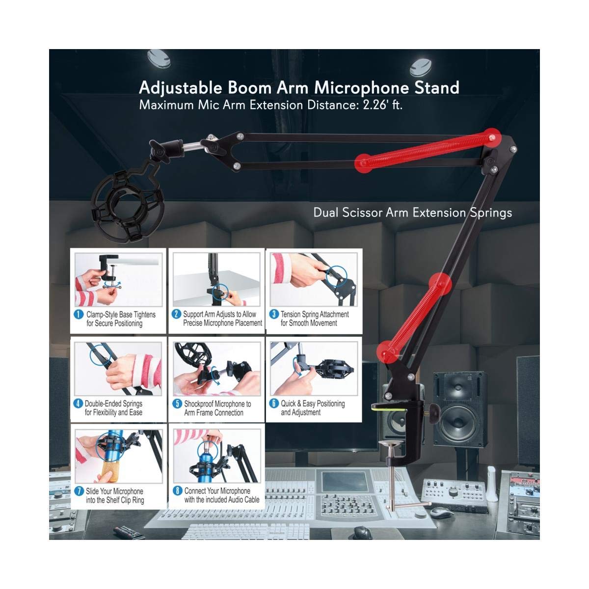 Pyle Suspension Microphone Boom Stand, Simple Clamp-Style Installation, Desktop Scissor Spring Arm Mic Stand w/ Shock Mount, Qui